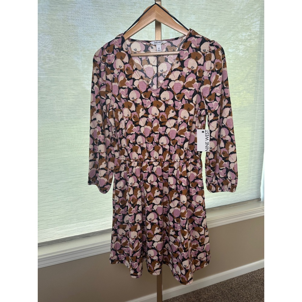 Nine West Dress Medium Brown Pink Floral Print Long Sleeve V Neck NEW - Picture 1 of 10